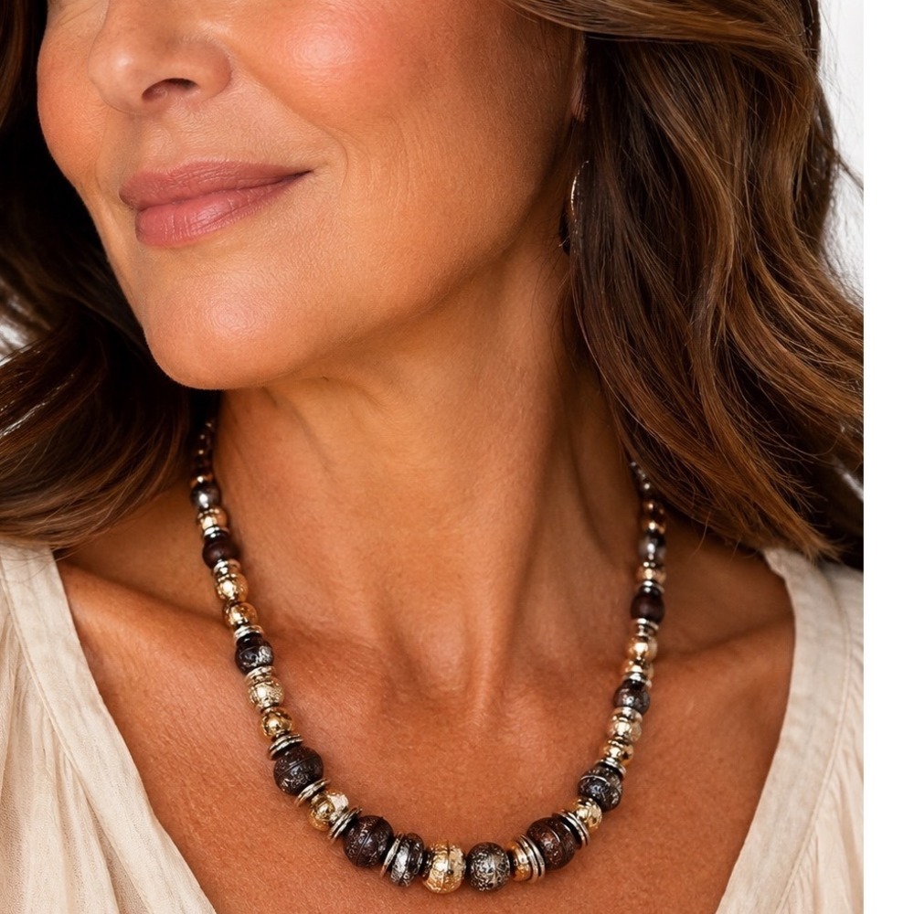Liz Claiborne Women Mixed Metal Filigree Beaded Necklace Gold Silver Bronze